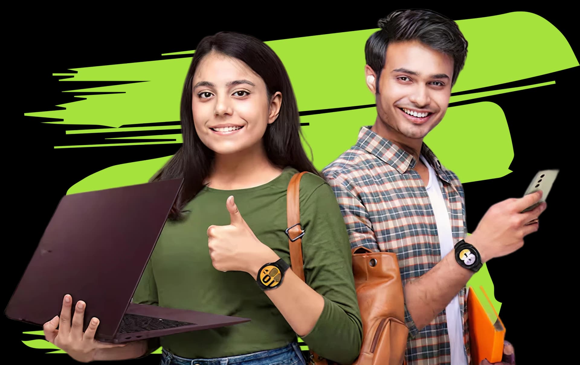 Two students stand back-to-back, the female holding a laptop and giving a thumbs-up, while the male holds a smartphone and carries a backpack, illustrating accessible online learning with EazyGrad.